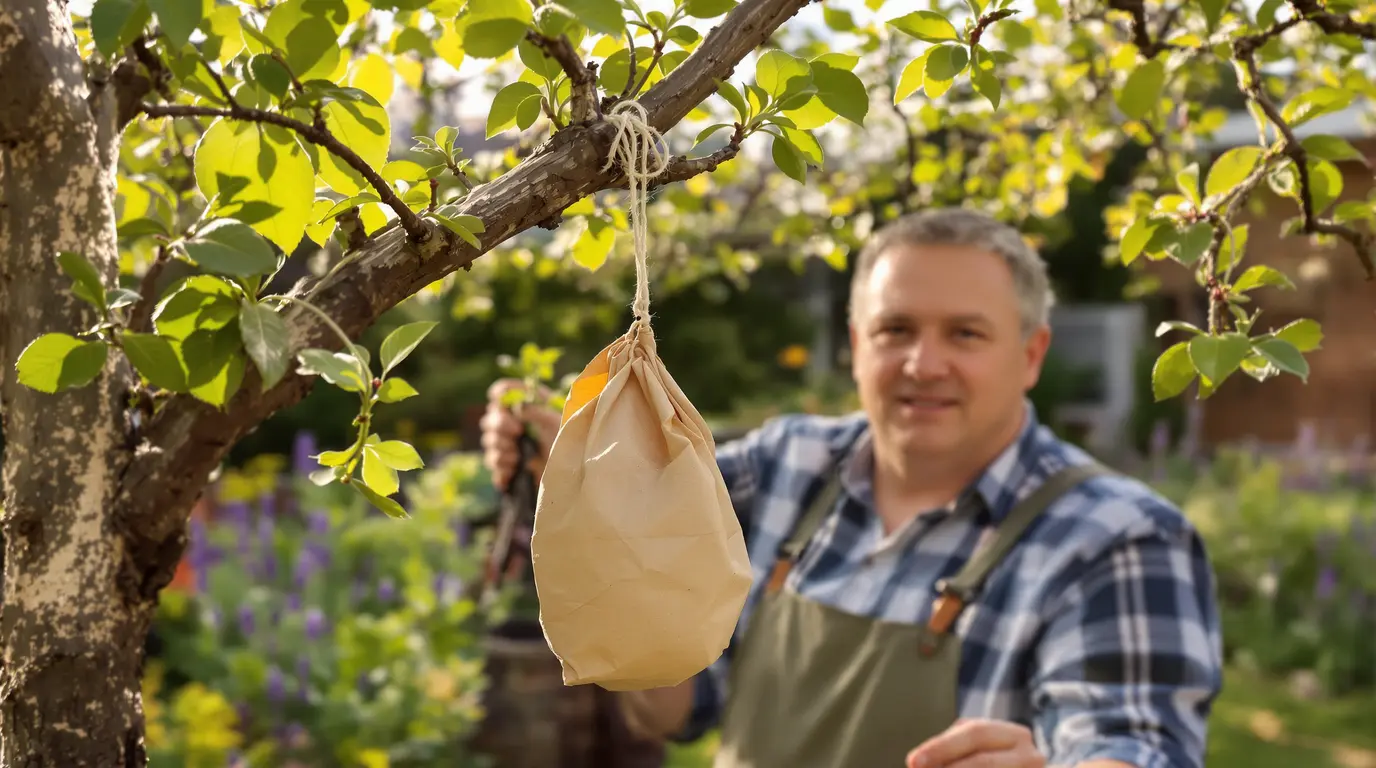Ce sac en papier kraft accroché à une branche tient les frelons asiatiques loin du jardin tout l’été Ce sac en papier kraft accroché à une branche tient les frelons asiatiques loin du jardin tout l’été